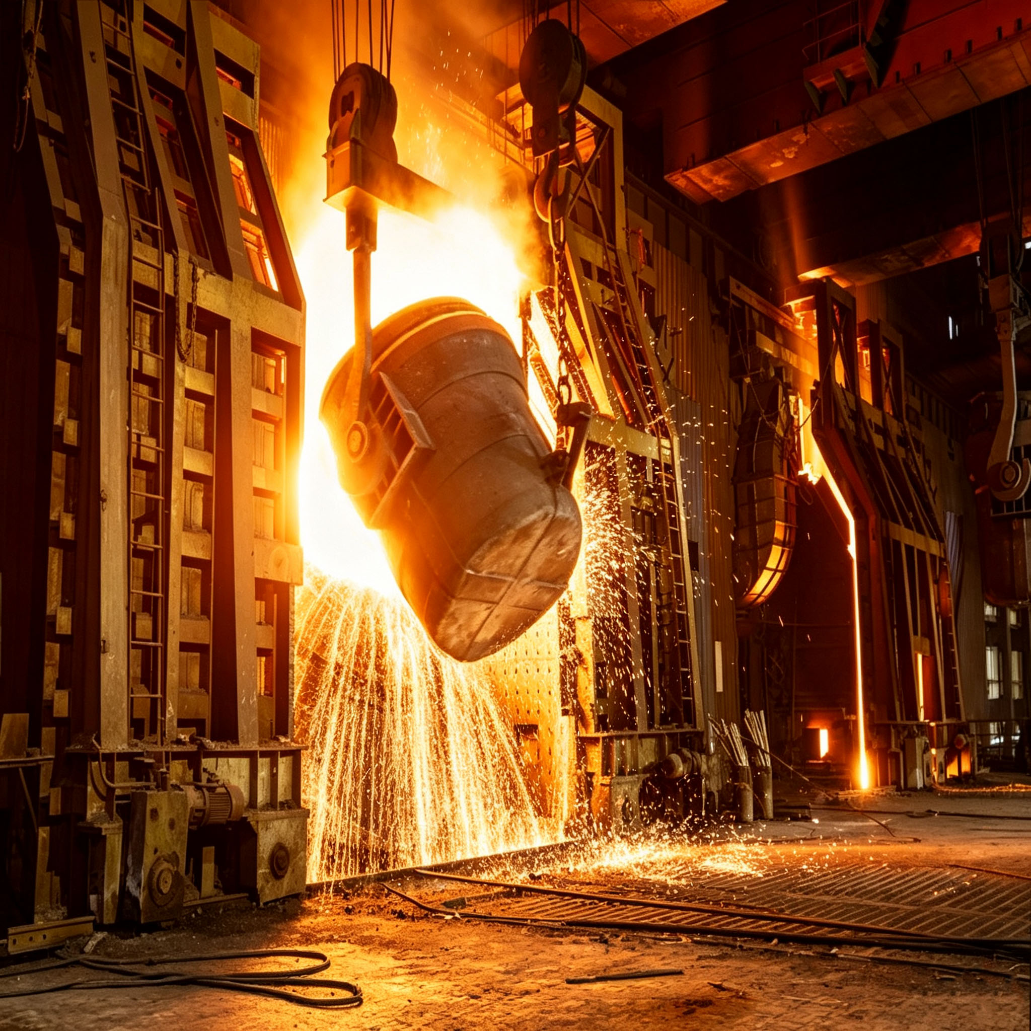 Lingoti&egrave;re en graphite en coul&eacute;e industrielle avec louche versant du m&eacute;tal en fusion pour la production industrielle de lingots