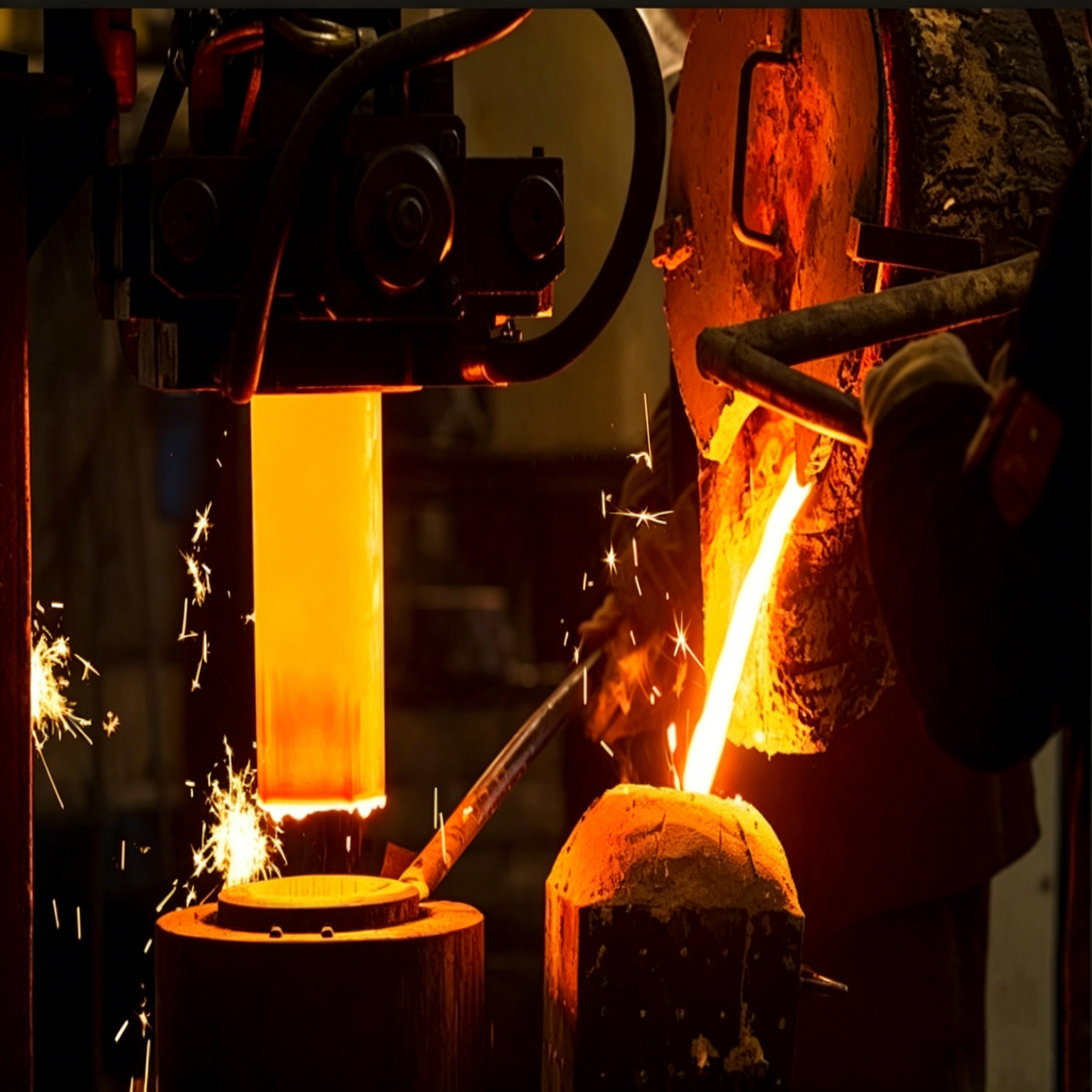 Creuset en graphite et composants de fusion pour la fusion des m&eacute;taux et la pr&eacute;paration des alliages, constitu&eacute;s d'un bloc de graphite moul&eacute; par vibration &agrave; grain moyen avec une faible teneur en cendres inf&eacute;rieure &agrave; 0,5&nbsp;%, montrant le m&eacute;tal en fusion se d&eacute;versant dans un creuset en graphite