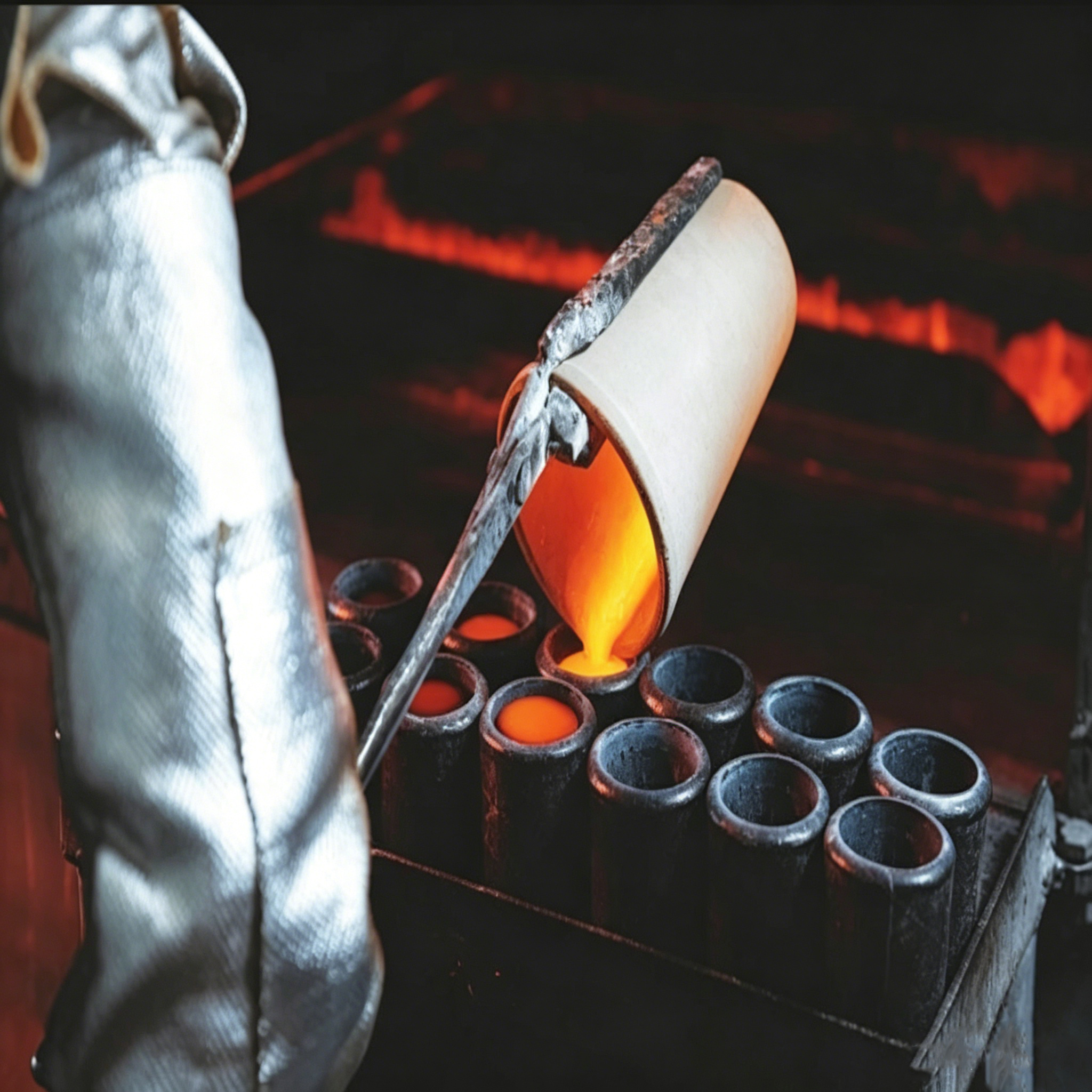 Creuset en graphite &agrave; haute temp&eacute;rature versant de l'or fondu dans des moules de coul&eacute;e pour la fabrication de bijoux, processus de raffinage des m&eacute;taux pr&eacute;cieux
