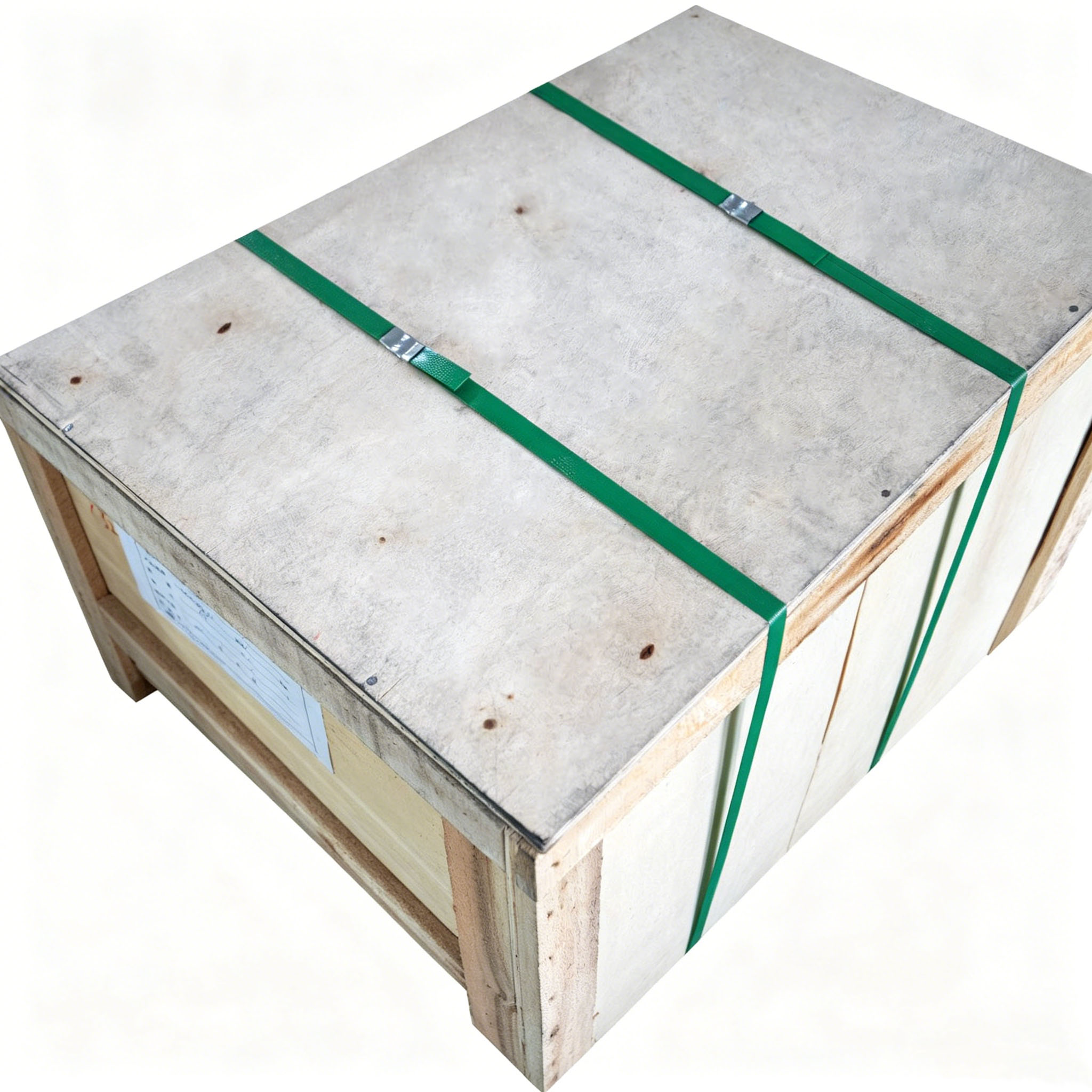 Emballage en caisse en bois contreplaqu&eacute; de qualit&eacute; exportation pour creusets en graphite &agrave; anneau unique, fix&eacute; avec des ceintures de cerclage vertes pour une exp&eacute;dition internationale s&ucirc;re.