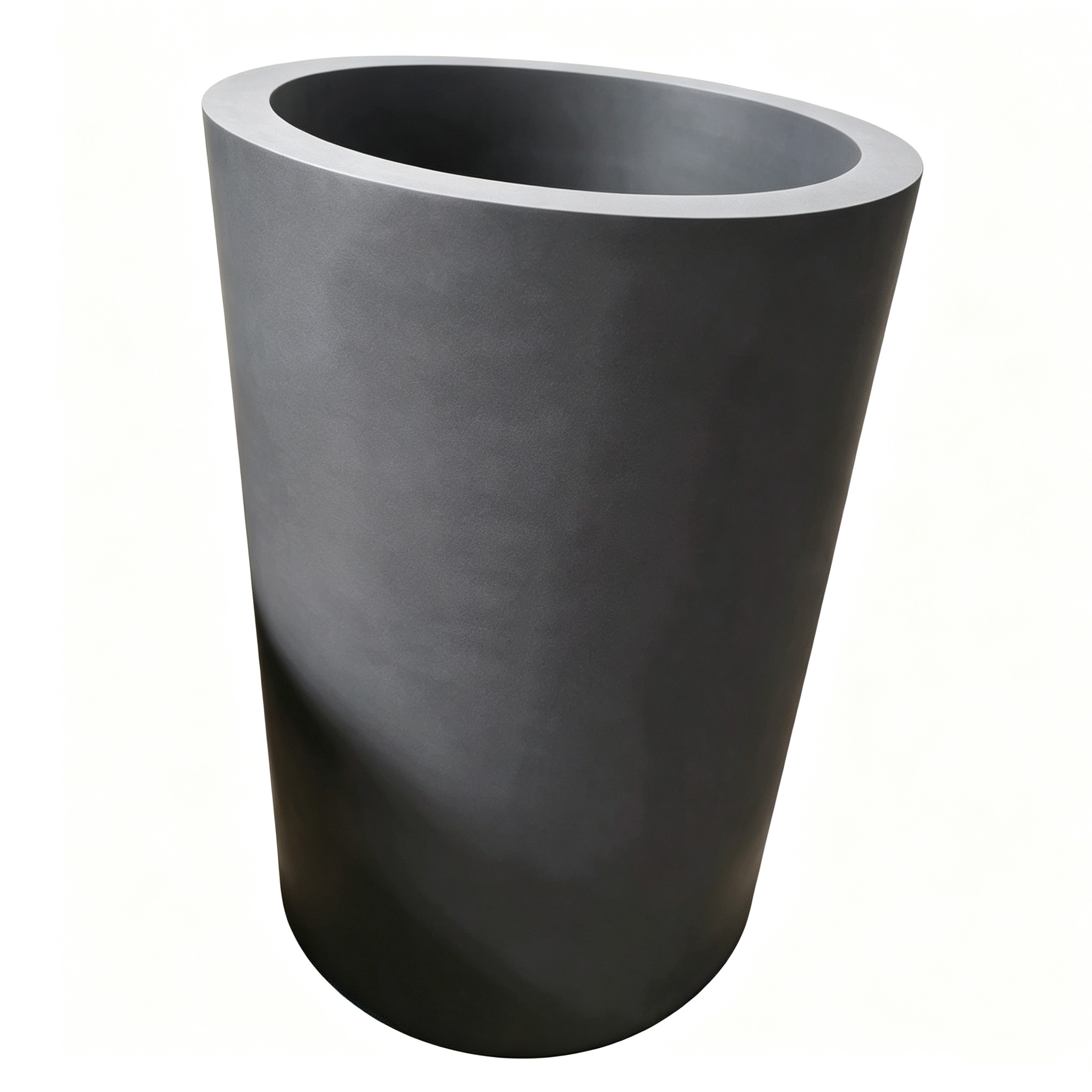 Vue lat&eacute;rale du creuset conique en graphite, conception &agrave; fond large et &eacute;troit pour un versement facile du m&eacute;tal, base arrondie pour la r&eacute;duction des contraintes, r&eacute;cipient de fusion industrielle forme personnalis&eacute;e NHD Carbon