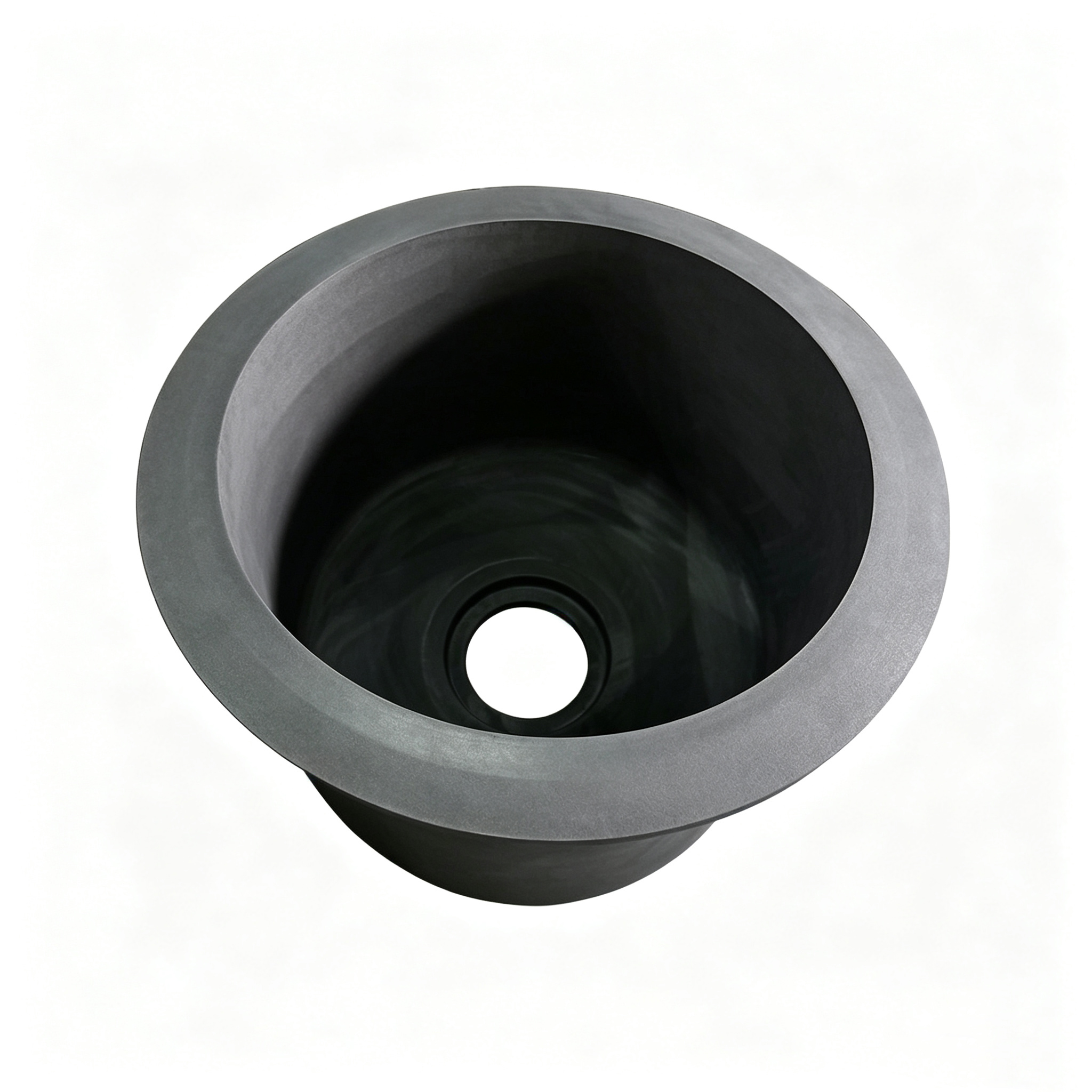 Creuset en graphite avec vue de dessus du bord &agrave; bride, bord sup&eacute;rieur renforc&eacute; pour un montage s&eacute;curis&eacute; du four, int&eacute;rieur lisse pour l'&eacute;coulement du m&eacute;tal en fusion, conception de trou d'a&eacute;ration inf&eacute;rieur pour rel&acirc;cher la pression, ing&eacute;nierie personnalis&eacute;e NHD Carbon