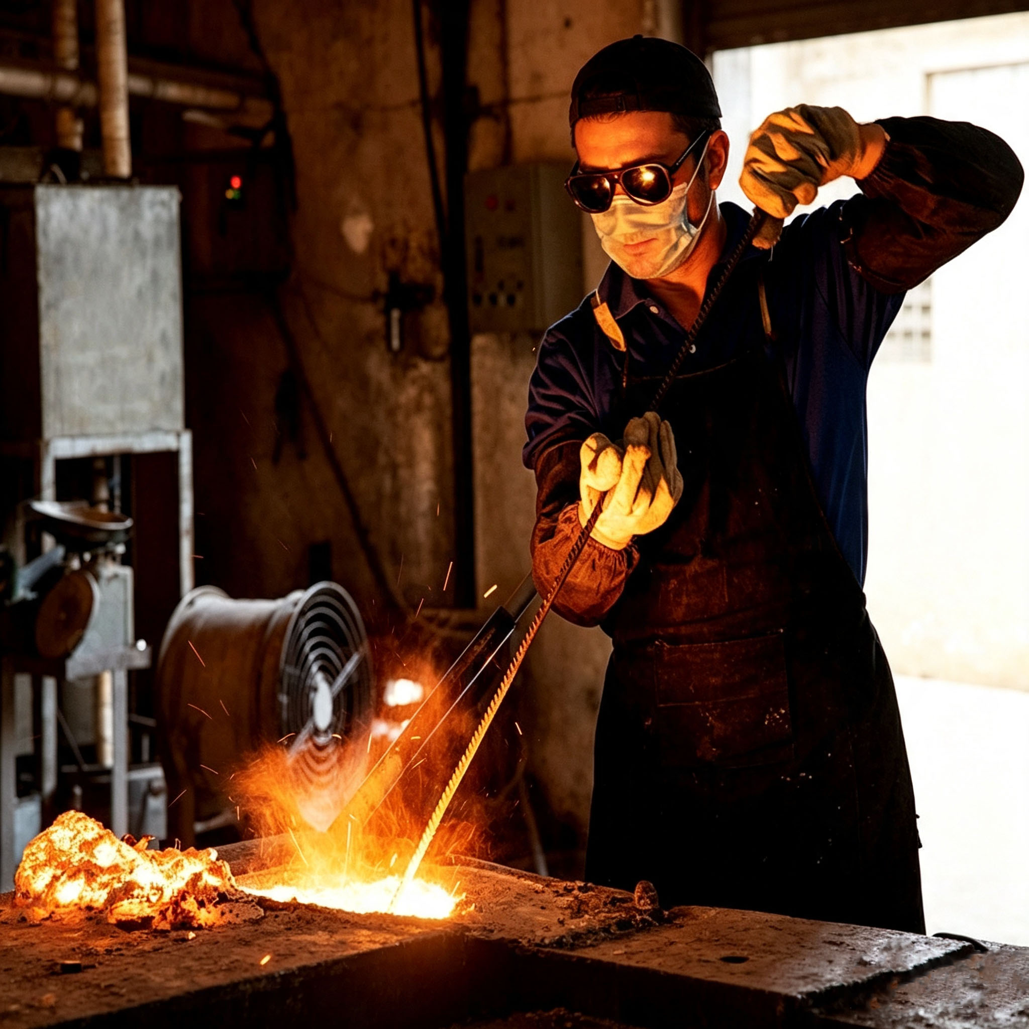 Technicien d'usine fondant du m&eacute;tal pr&eacute;cieux en fusion &agrave; haute temp&eacute;rature dans un atelier de fonderie, sc&egrave;ne de production de fusion &agrave; haute temp&eacute;rature &agrave; l'aide d'un creuset en graphite isostatique, atelier de moulage de m&eacute;taux industriels, image d'op&eacute;ration r&eacute;elle pour une usine de raffinerie de bijoux