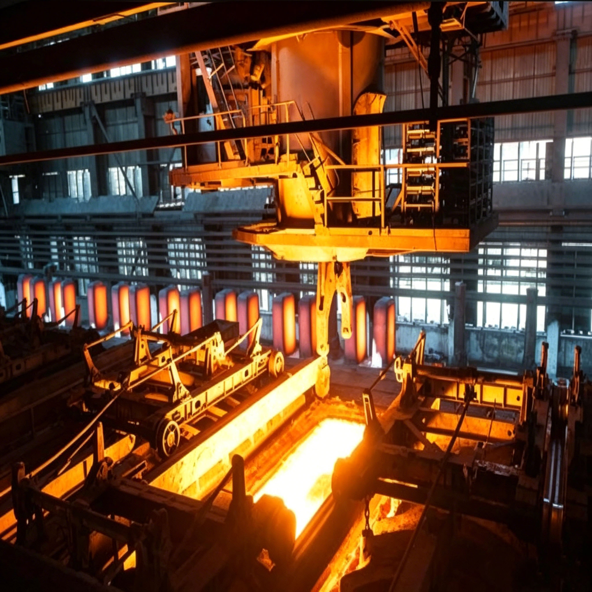 Int&eacute;rieur d'un four de traitement thermique industriel montrant des composants m&eacute;talliques chauff&eacute;s au rouge en cours de traitement, utilisant des &eacute;l&eacute;ments chauffants et une isolation en graphite durable