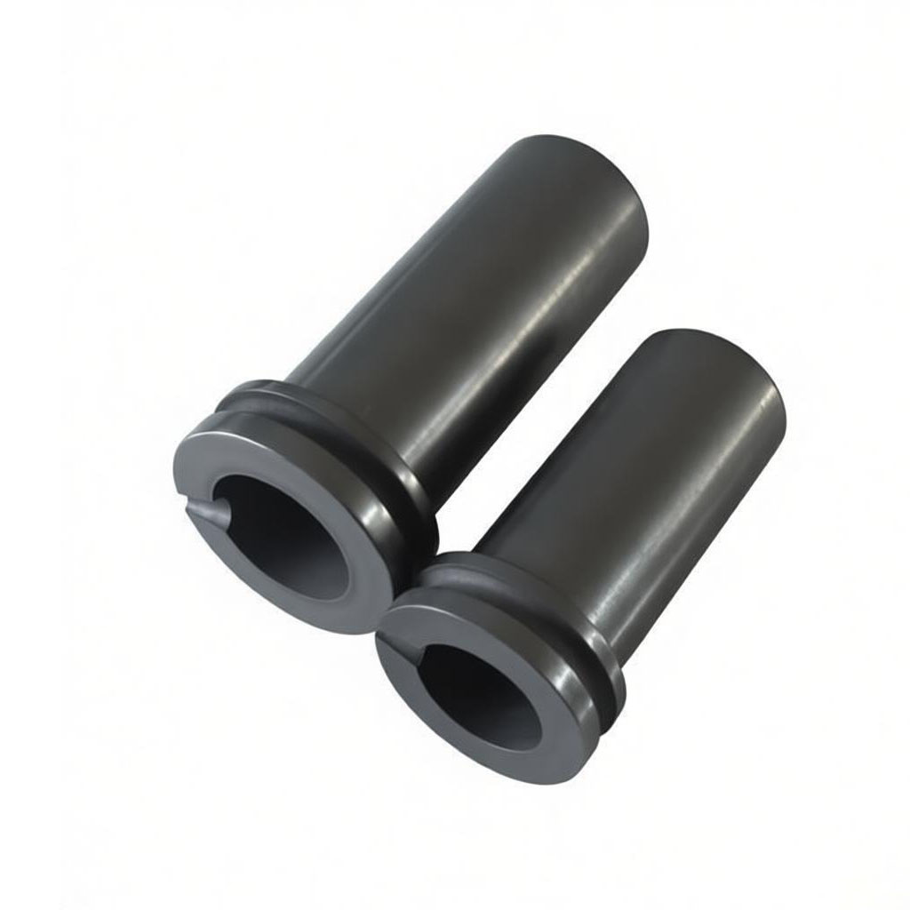 Vue de profil lat&eacute;rale de deux creusets en graphite &agrave; double anneau montrant le corps cylindrique et la conception du collier &agrave; double anneau pour la stabilit&eacute; du four