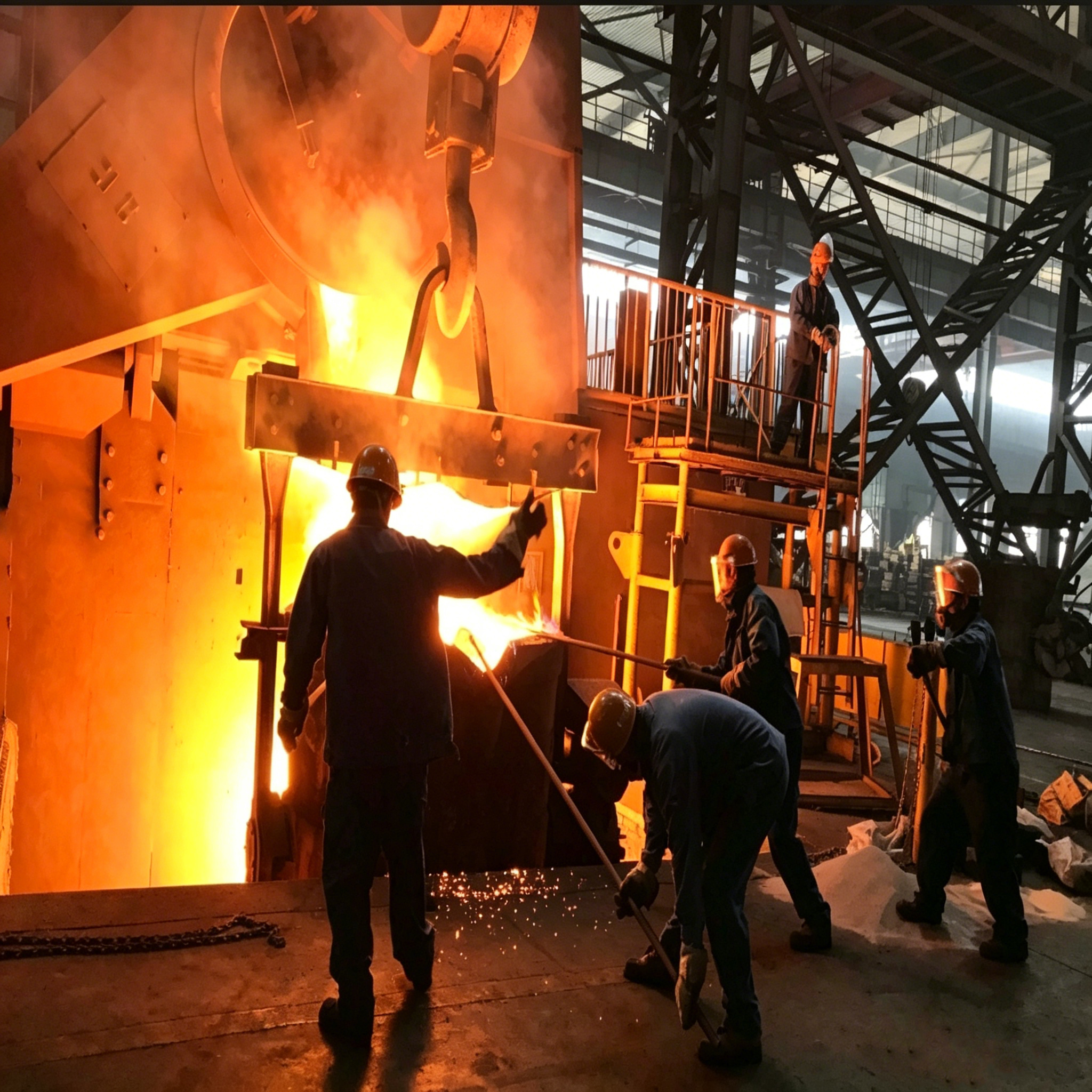Bloc de graphite de grande taille utilis&eacute; comme rev&ecirc;tement de four dans l'industrie de la fonderie et de la m&eacute;tallurgie &agrave; haute temp&eacute;rature, graphite moul&eacute; par vibration &agrave; grain moyen de 2,0 mm avec une densit&eacute; de 1,62 g/cm&sup3;, montrant le processus de coul&eacute;e du m&eacute;tal en fusion