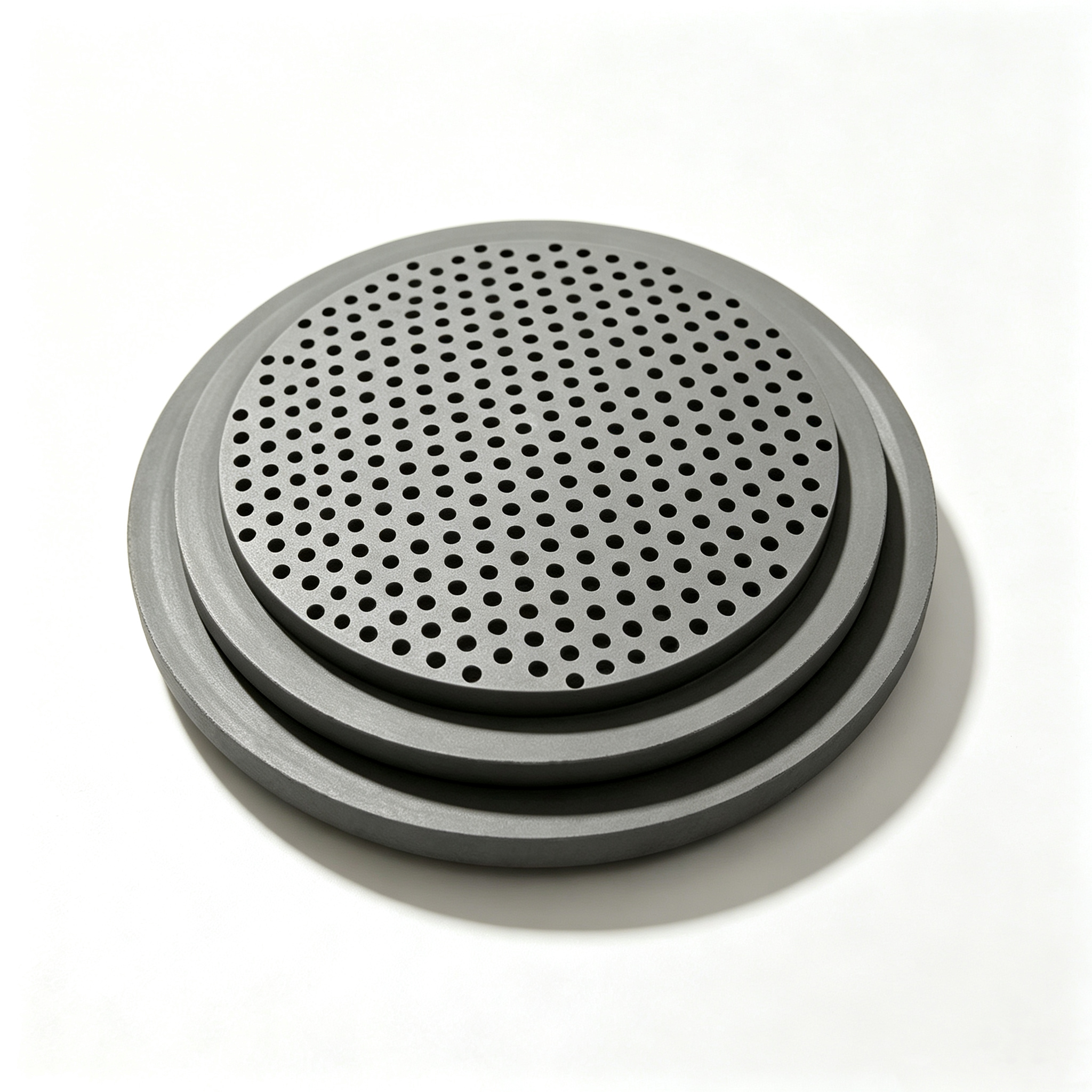 Empilement imbriqu&eacute; de disques perfor&eacute;s en graphite de plusieurs tailles, ensemble de plateaux de frittage en carbone &eacute;tag&eacute;s &agrave; quatre couches montrant la plage dimensionnelle de la capacit&eacute; de fabrication personnalis&eacute;e de Ningheda