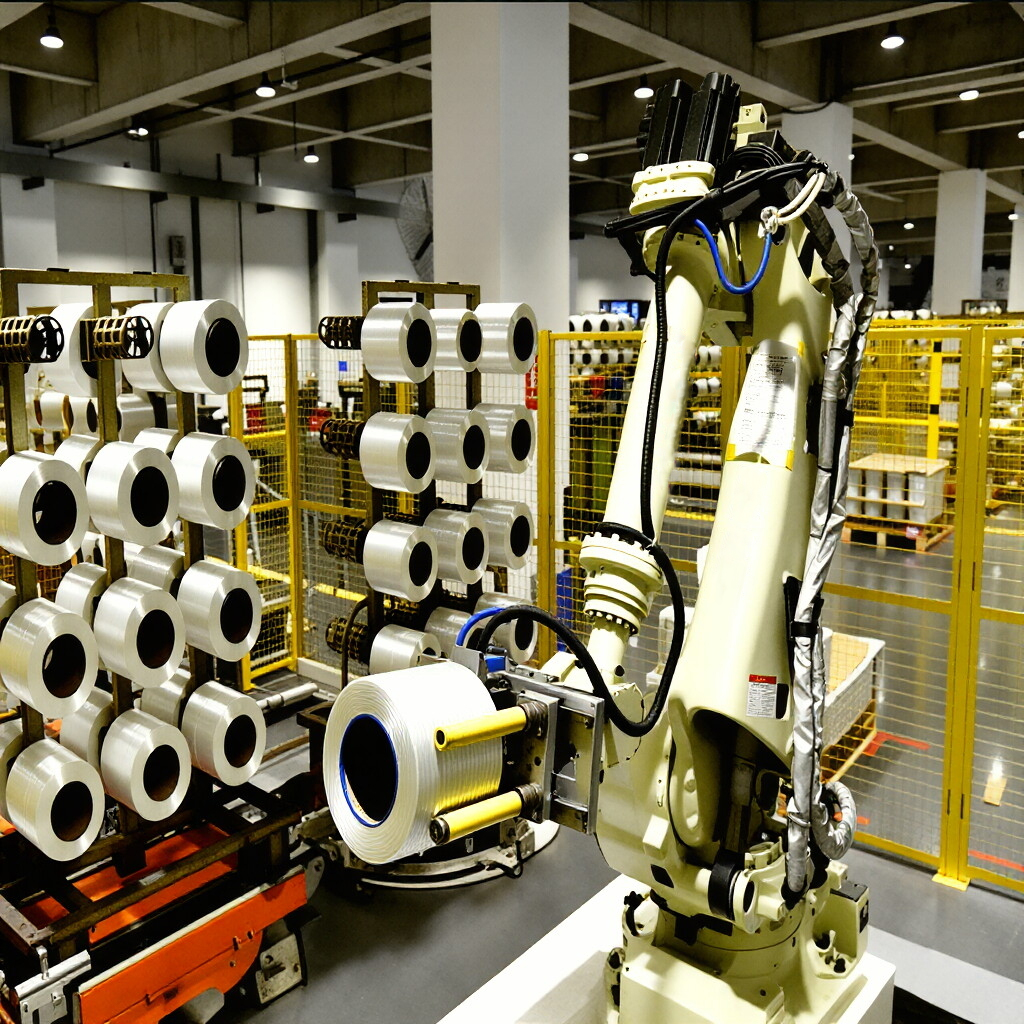 Les roues en grappe de graphite guident les faisceaux de fibres sur les lignes de production de fibres de verre et fonctionnent en collaboration avec des robots industriels pour permettre un &eacute;tirage automatis&eacute; des fibres.