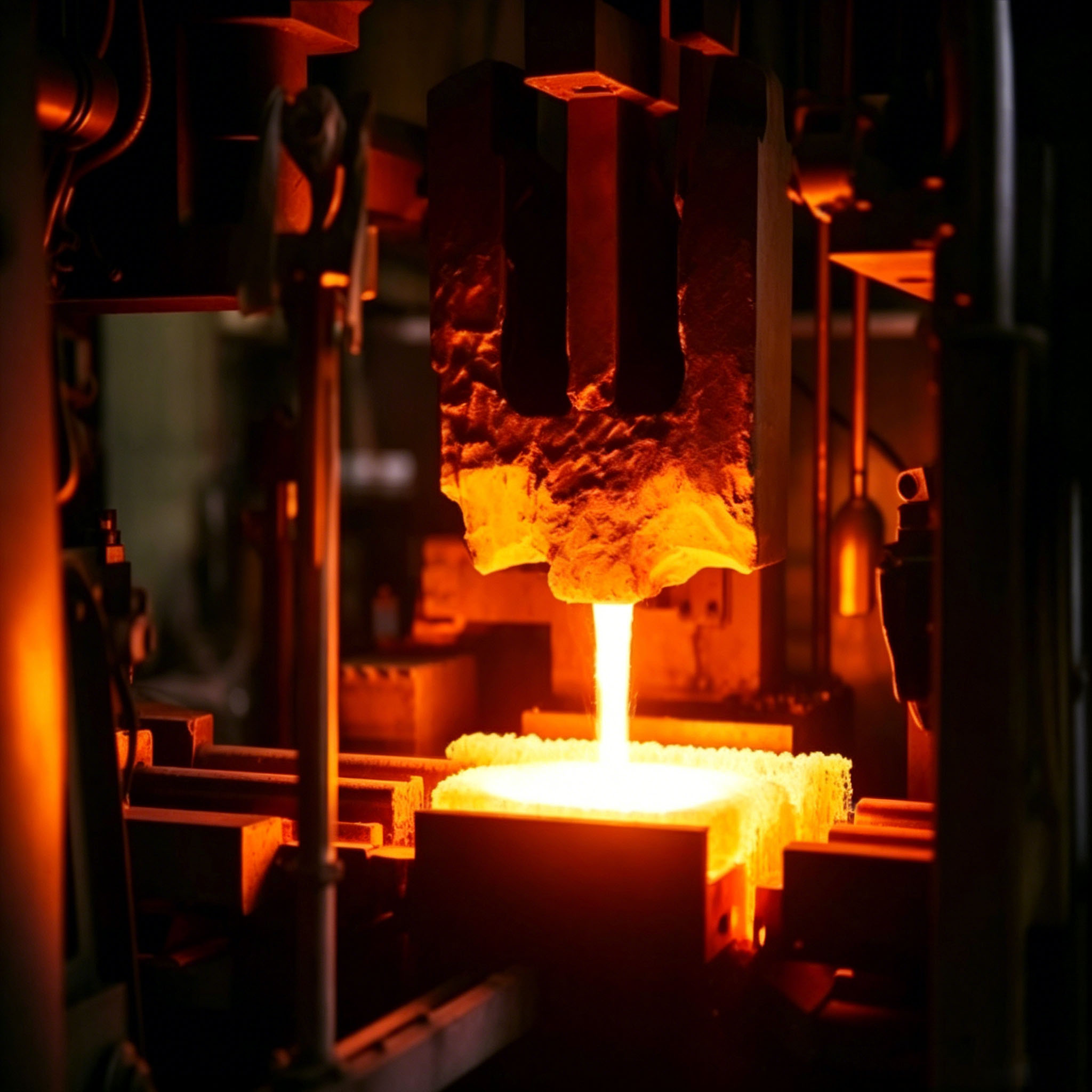 Coulage de m&eacute;taux non ferreux et pr&eacute;cieux en fusion depuis un creuset en graphite dans un moule en graphite pendant une coul&eacute;e &agrave; haute temp&eacute;rature, illustrant les processus de coul&eacute;e de pr&eacute;cision pour les alliages de cuivre, d'aluminium, d'or et d'argent