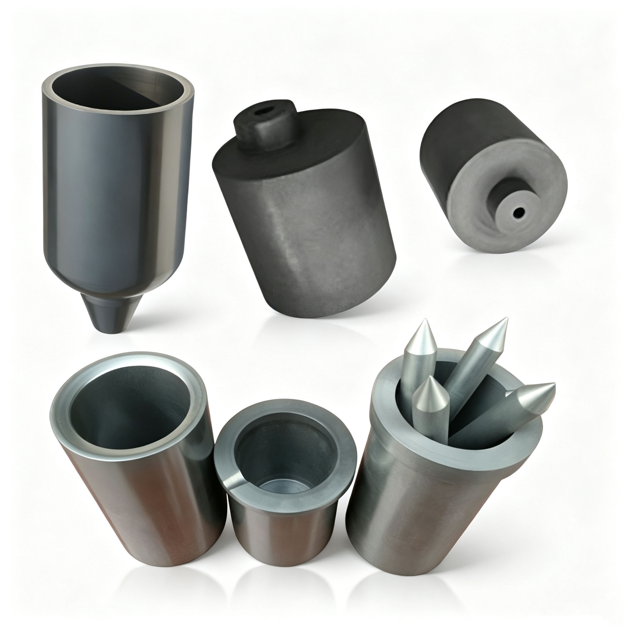 Tous les types de creusets en graphite &agrave; trou central de haute puret&eacute;, bec conique, cylindre droit, pots de fusion en graphite crant&eacute;s pour la fusion d'alliages d'aluminium, de cuivre et d'or