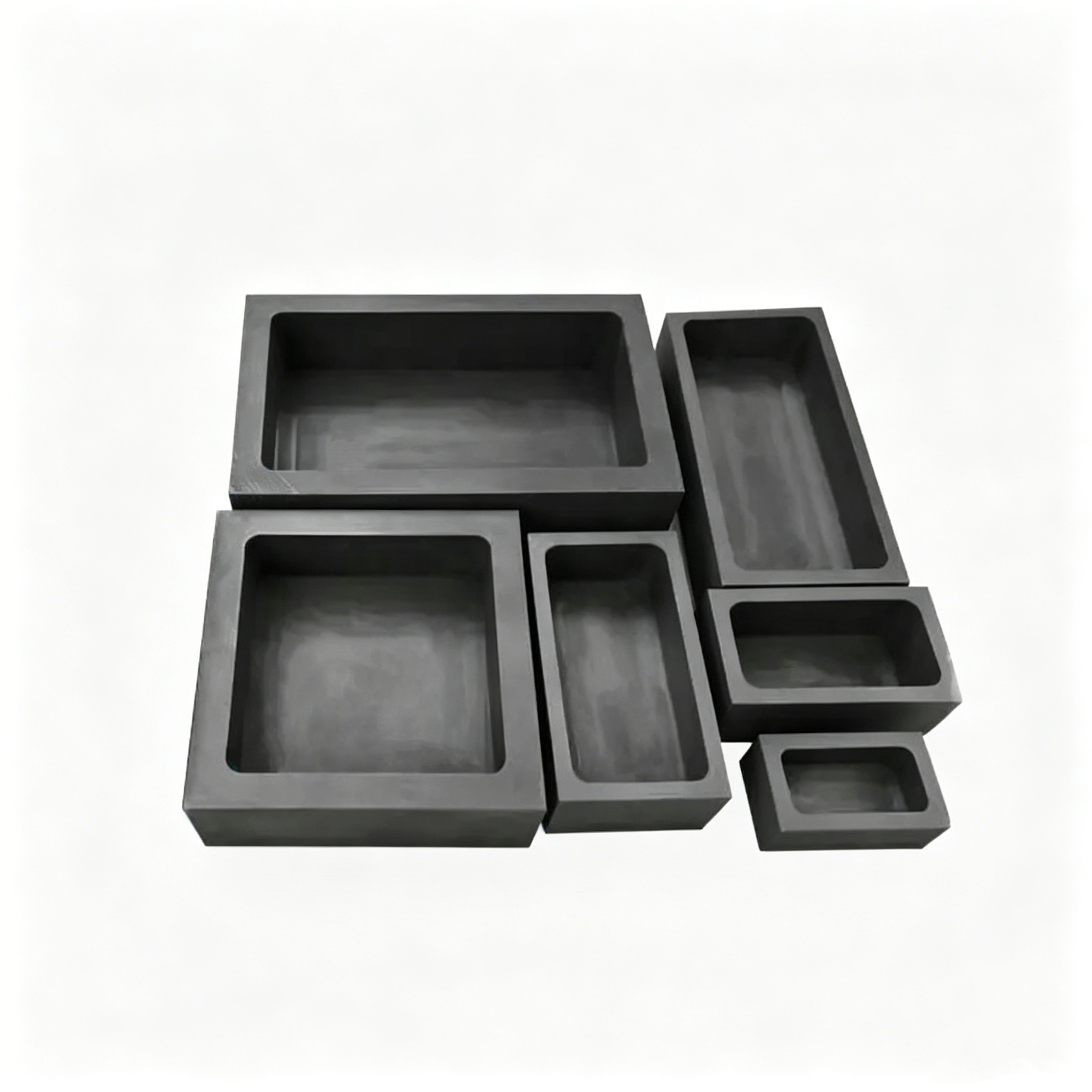 Famille de bateaux en graphite usin&eacute;s CNC de diff&eacute;rentes tailles, conteneurs en carbone personnalis&eacute;s pour les applications de coul&eacute;e m&eacute;tallurgique et de frittage de poudres